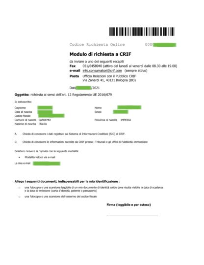 CRIF ESEMPIO MODULO