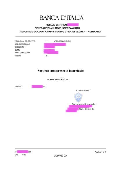 ESEMPIO VISURA CAI BANKITALIA POSITIVA