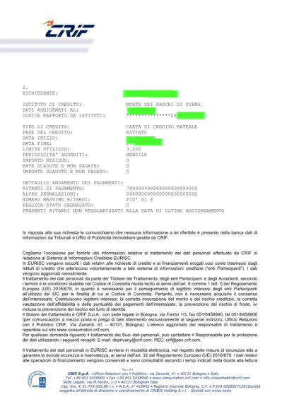 ESEMPIO VISURA CRIF EURISC