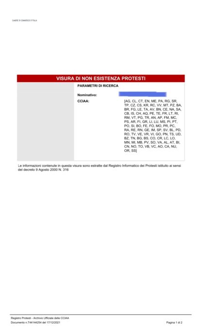 ESEMPIO VISURA NON ESISTENZA PROTESTI