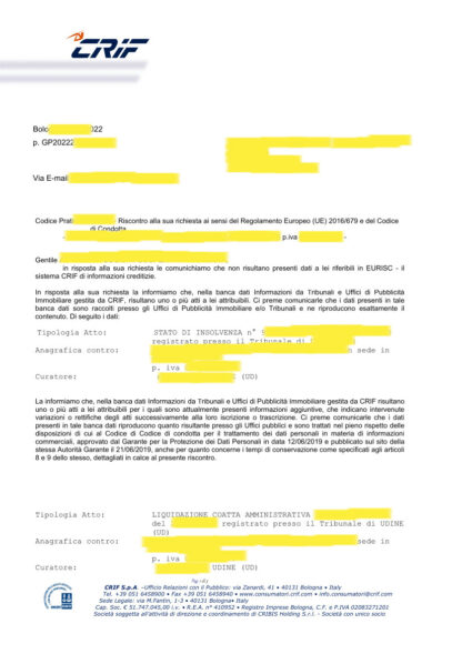 ESEMPIO CRIF AZIENDA NEGATIVA