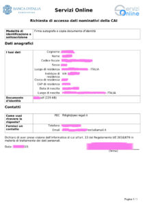 MODULO CAI BANCA D'ITALIA ONLINE