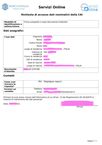 MODULO CAI BANCA D'ITALIA ONLINE