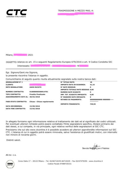VISURA CTC PRESTITO ESTINTO