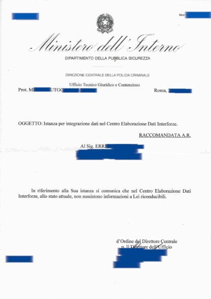 ESEMPIO CASELLARIO POLIZIA CRIMINALE MINISTERO DELL'INTERNO