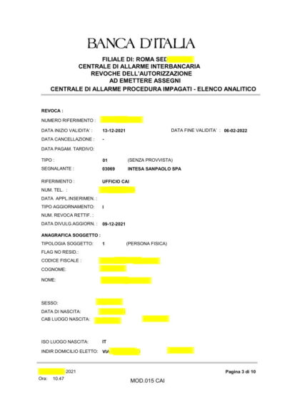 VISURA CAI BANCA D'ITALIA