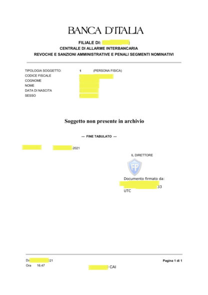 VISURA CAI BANCA D'ITALIA