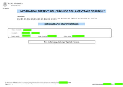 ESEMPIO VISURA CR BANCA D'ITALIA SENZA SEGNALAZIONI NEGATIVE
