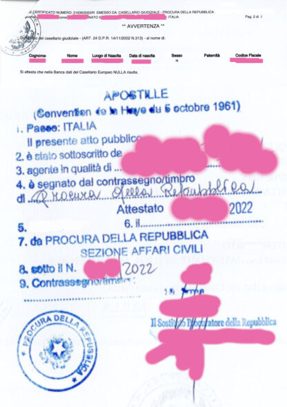 APOSTILLE PER ESTERO