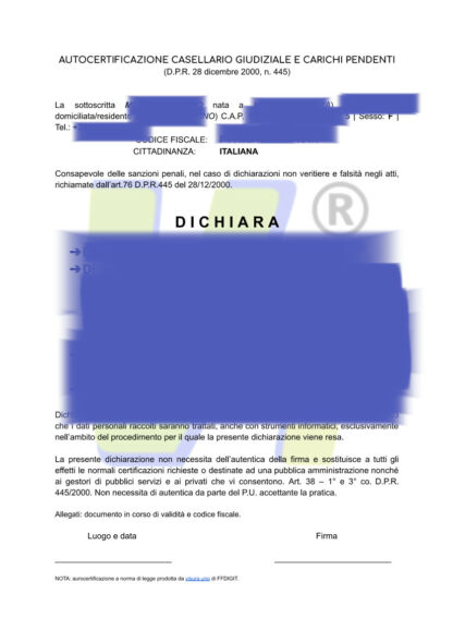 AUTOCERTIFICAZIONE CASELLARIO GIUDIZIALE GENERALE