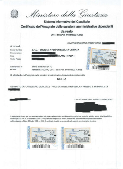 CERTIFICATO DELLANAGRAFE DELLE SANZIONI AMMINISTRATIVE